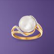 10-10.5mm Cultured Pearl Wave Ring with Diamond Accents in 14kt Yellow Gold