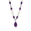 C. 1980 Vintage 150.00 ct. t.w. Amethyst, 1.25 ct. t.w. Diamond and Seed Pearl Multi-Strand Drop Necklace in Platinum