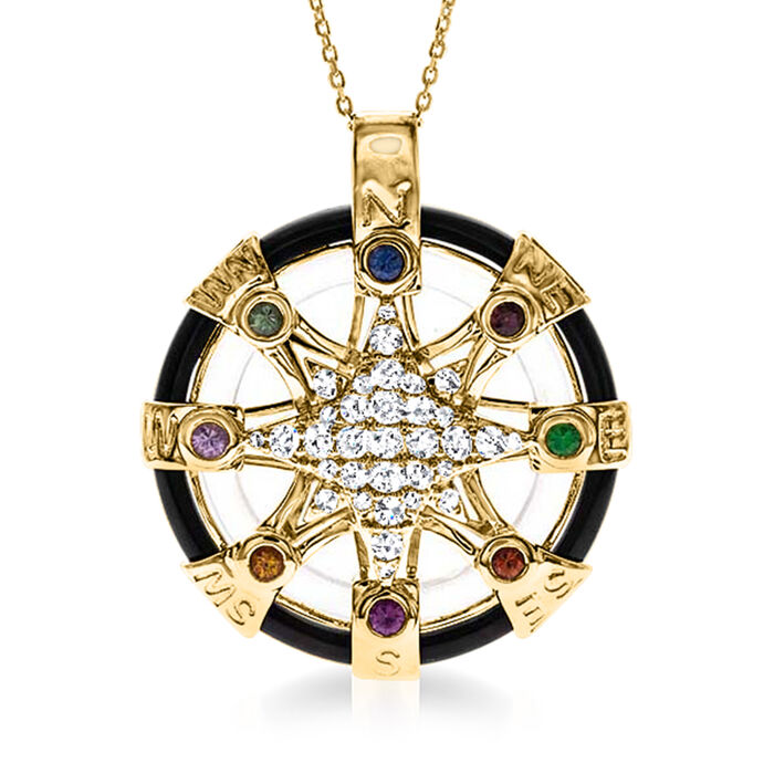 Black Onyx, 3.70 Carat Rock Crystal and .77 ct. t.w. Diamond Compass Pendant Necklace with .40 ct. t.w. Multi-Gemstones in 14kt Yellow Gold