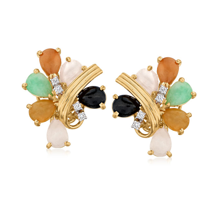 C. 1990 Vintage Multicolored Jade and .16 ct. t.w. Diamond Cluster Earrings in 18kt Yellow Gold