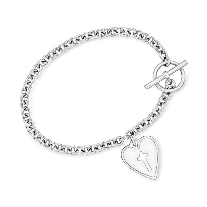 Italian White Enamel Cross Heart Charm Bracelet in Sterling Silver