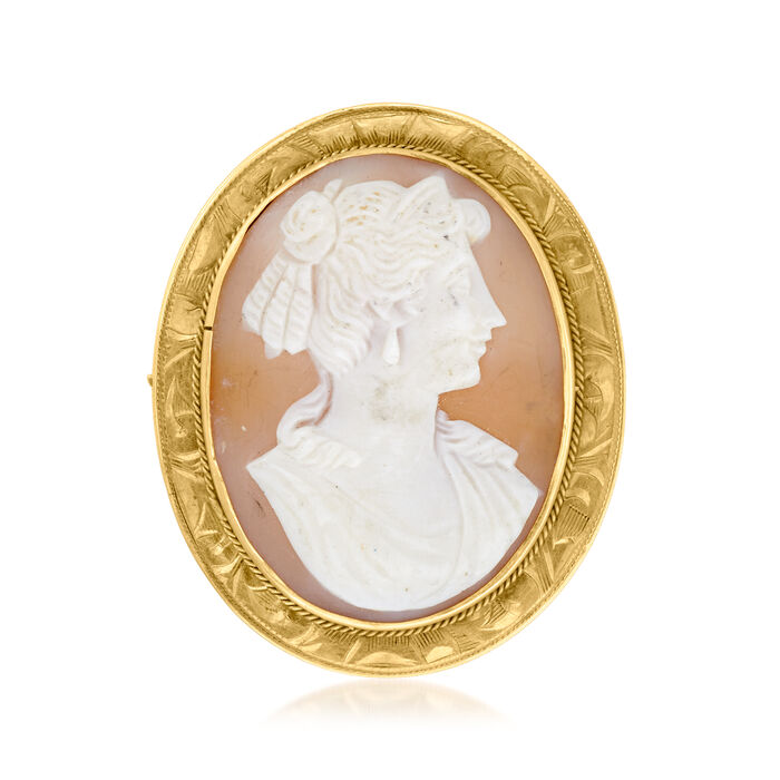 C. 1950 Vintage Brown Shell Cameo Pin in 10kt Yellow Gold