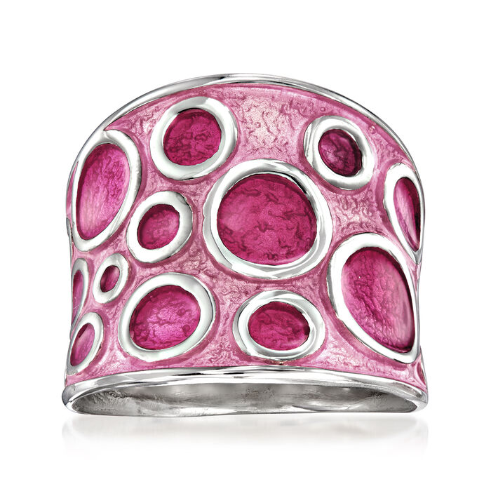 Italian Pink Enamel Circle Ring in Sterling Silver