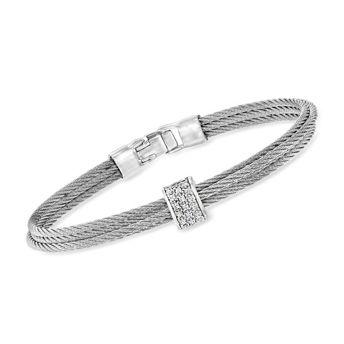 ALOR Gray Stainless Steel Cable Bangle Bracelet with .15 ct. t.w. Diamond Station in 18kt White Gold