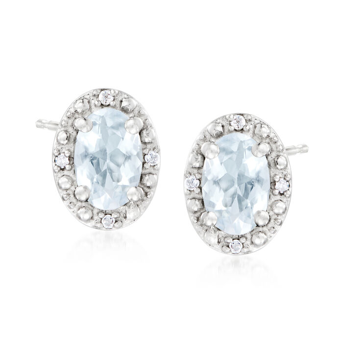 .80 ct. t.w. Oval Aquamarine Stud Earrings with Diamond Accents in Sterling Silver