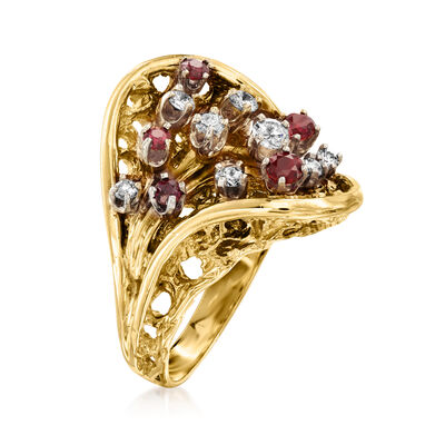 C. 1970 Vintage .50 ct. t.w. Ruby and .50 ct. t.w. Diamond Swirl Ring in 14kt Yellow Gold