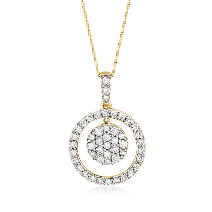 C. 1990 Vintage 1.20 ct. t.w. Diamond Double-Circle Pendant Necklace in 14kt Yellow Gold