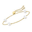 Mikimoto &quot;Japan&quot; 7.5mm A+ Akoya Pearl Station Bolo Bracelet with Diamond Accents in 18kt Yellow Gold
