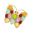 C. 1970 Vintage 14.55 ct. t.w. Multi-Gemstone Butterfly Pin with Ruby Accents in 14kt Yellow Gold