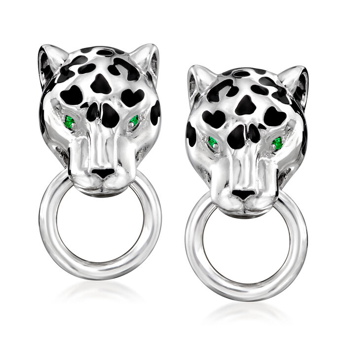 Charles Garnier Sterling Silver and Black Enamel Panther Doorknocker Earrings with Simulated Emerald Accents