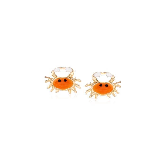 Child's Orange Enamel Crab Stud Earrings in 14kt Yellow Gold