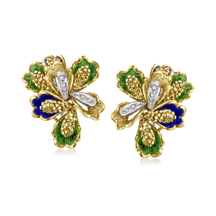 C. 1960 Vintage 18kt Two-Tone Gold Floral Earrings with Multicolored Enamel and Diamond Accents