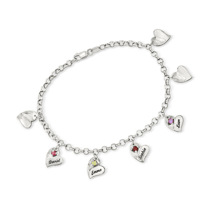Personalized Heart Charm Bracelet in Sterling Silver - 1 to 7 Birthstones and Names