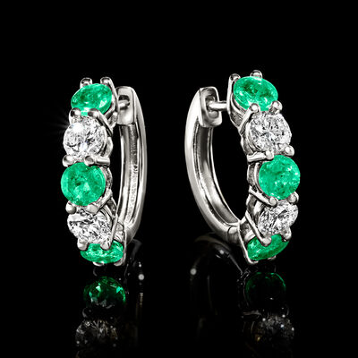 1.50 ct. t.w. Emerald and 1.00 ct. t.w. Lab-Grown Diamond Hoop Earrings in 14kt White Gold