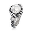 Andrea Candela &quot;Marbella&quot; Sterling Silver Ball Ring with Diamond Accents and Black Enamel