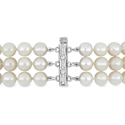 6-6.5mm Cultured Akoya Pearl Three-Row Bracelet with .39 ct. t.w. Diamonds in 14kt White Gold