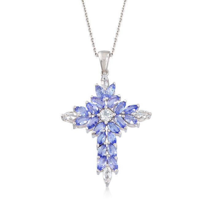 2.20 ct. t.w. Tanzanite and .70 ct. t.w. White Topaz Cross Pendant Necklace in Sterling Silver