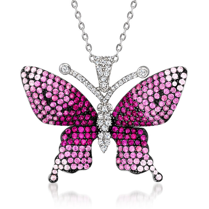 1.10 ct. t.w. Simulated Pink Sapphire and .70 ct. t.w. Simulated Ruby Butterfly Pendant Necklace with .19 ct. t.w. CZs in Sterling Silver