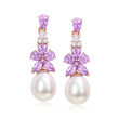 Cultured Pearl, 1.94 ct. t.w. Amethyst and .48 ct. t.w. White Topaz Drop Earrings in 18kt Rose Gold Over Sterling