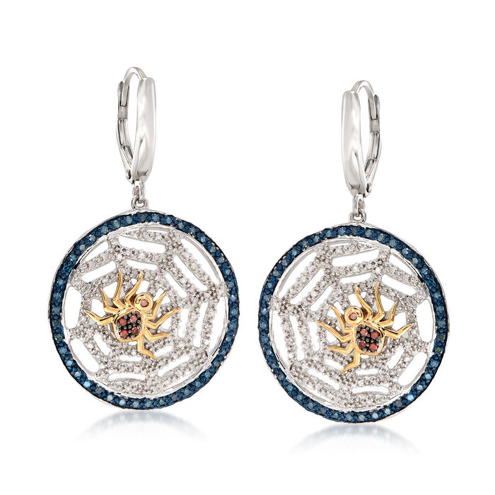 .51 ct. t.w. Multicolored Diamond Spider and Web Drop Earrings in Two-Tone Sterling Silver