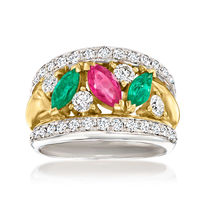 C. 1980 Vintage 1.30 ct. t.w. Multi-Gemstone and 1.11 ct. t.w. Diamond Cocktail Ring in Platinum and 18kt Yellow Gold