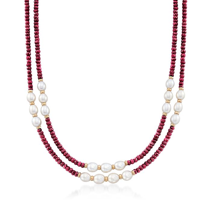 4-5mm Ruby Bead and 7-8mm Cultured Pearl Two-Strand Necklace With 14kt Yellow Gold