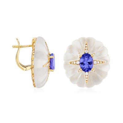 40.00 ct. t.w. Rock Crystal, 2.40 ct. t.w. Tanzanite and .20 ct. t.w. Diamond Flower Earrings in 14kt Yellow Gold