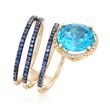 3.80 Carat Blue Topaz and .50 ct. t.w. Sapphire Coil Ring with Diamonds in 14kt Yellow Gold