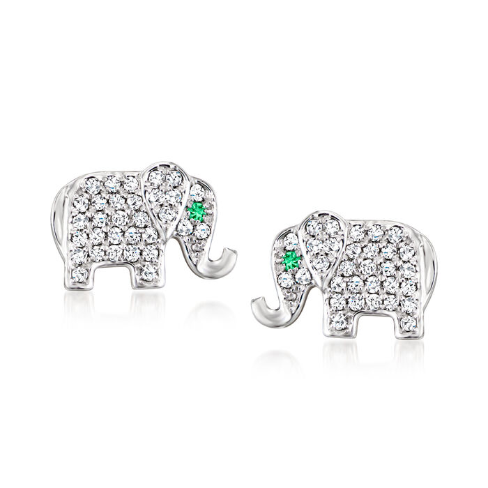 .20 ct. t.w. Diamond Elephant Earrings with Emerald Accents in Sterling Silver