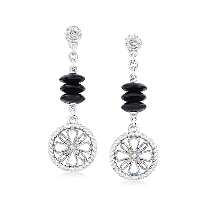 Andrea Candela &quot;Onix Ola&quot; 7mm Black Onyx Bead and Round Floral Drop Earrings with Diamond Accents in Sterling Silver