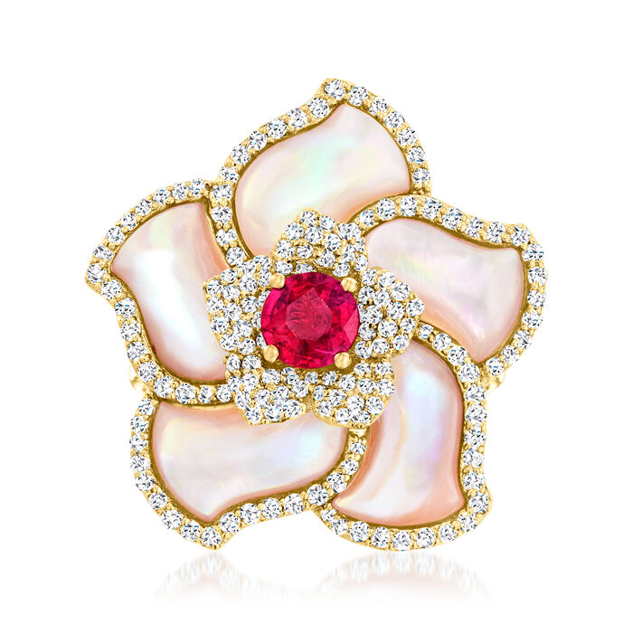 Pink Mother-of-Pearl and .60 Carat Ruby Flower Ring with .63 ct. t.w. Diamonds in 14kt Yellow Gold