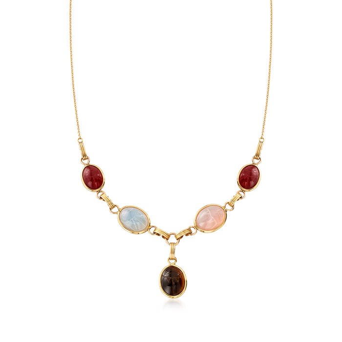 C. 1970 Vintage Multi-Gem Scarab Necklace in 14kt Yellow Gold