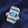 1.60 Carat Swiss Blue Topaz and 1.20 ct. t.w. Sapphire Shield Ring with .39 ct. t.w. Diamonds in 14kt White Gold