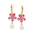 7.5-8mm Cultured Pearl and .90 ct. t.w. Pink Topaz Flower Drop Earrings with White Topaz Accents in 18kt Gold Over Sterling