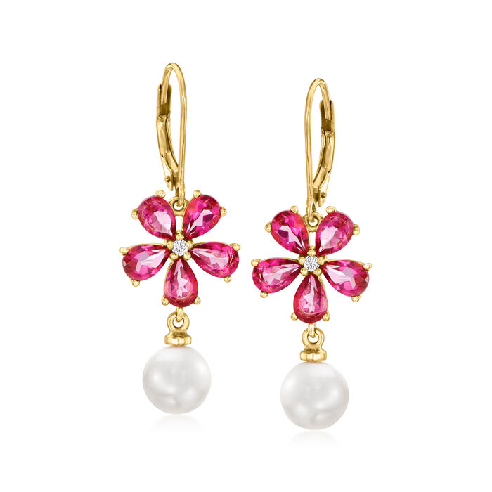 7.5-8mm Cultured Pearl and .90 ct. t.w. Pink Topaz Flower Drop Earrings with White Topaz Accents in 18kt Gold Over Sterling