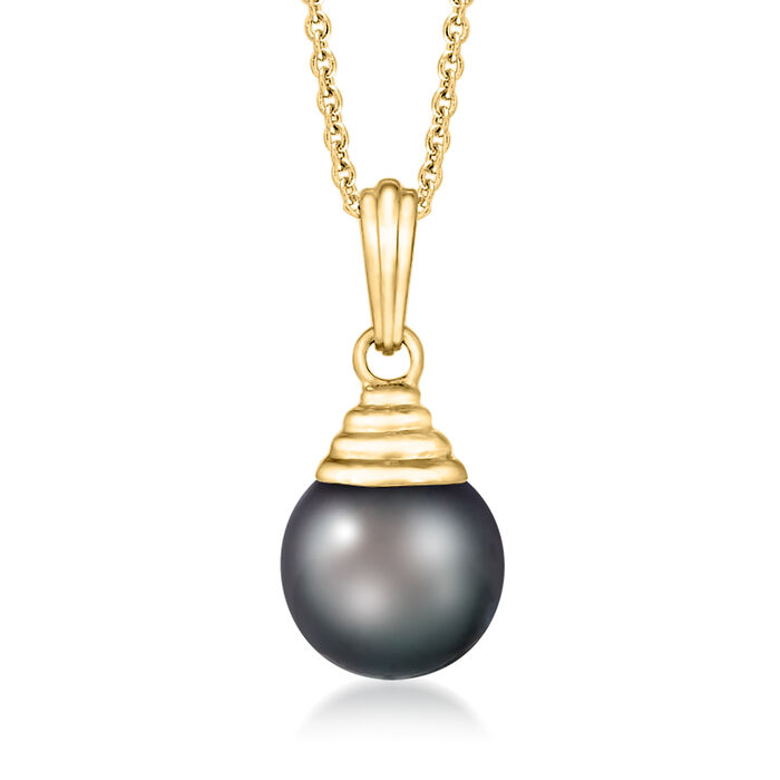 9-10mm Black Cultured Tahitian Pearl Pendant Necklace in 14kt Yellow Gold
