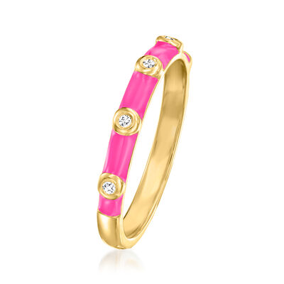 Diamond-Accented Pink Enamel Ring in 18kt Gold Over Sterling