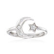 Sterling Silver Moon and Star Bypass Ring with Diamond Accents