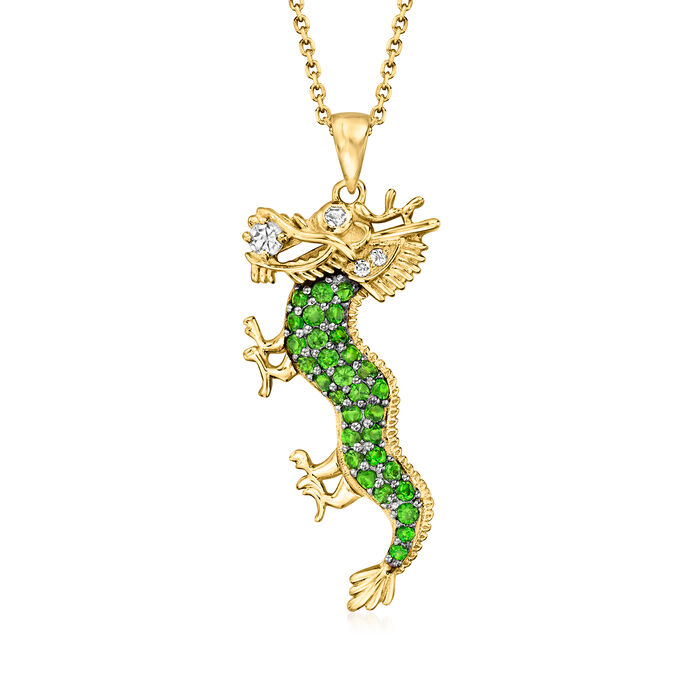 1.10 ct. t.w. Chrome Diopside and .10 ct. t.w. White Topaz Dragon Pendant Necklace in 18kt Gold Over Sterling