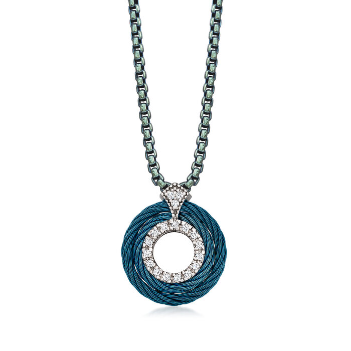 ALOR .15 ct. t.w. Diamond and Caribbean Blue Stainless Steel Circle Necklace with 14kt White Gold
