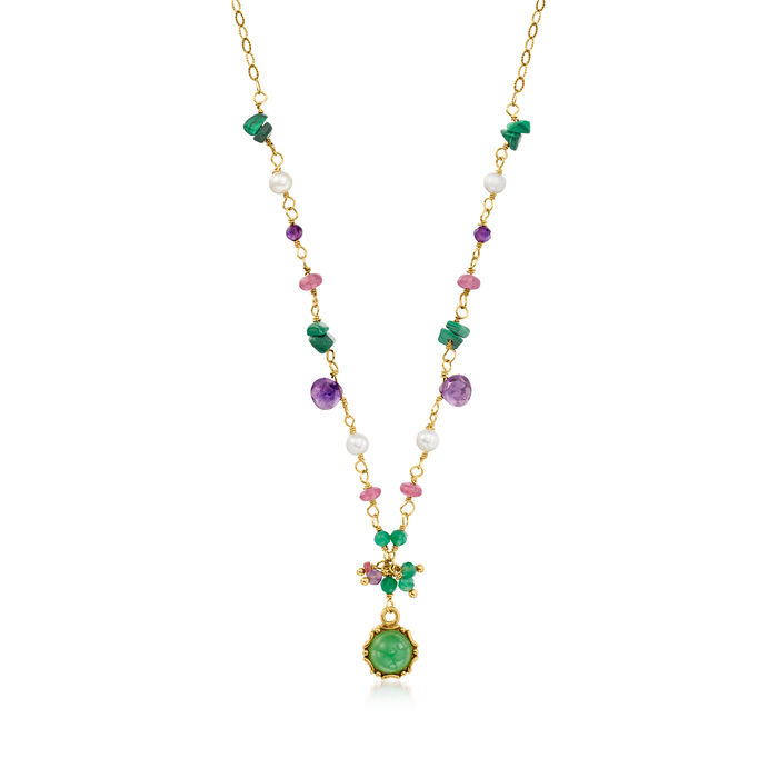 Italian 2.60 ct. t.w. Multi-Gemstone Drop  Necklace with 4-4.5mm Cultured Pearls in 24kt Gold Over Sterling