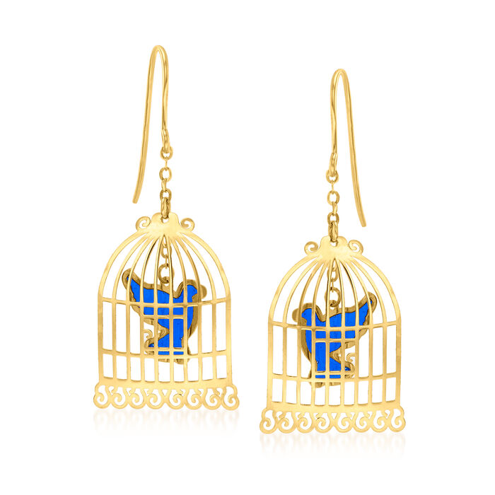 14kt Yellow Gold and Blue Enamel Bird Cage Drop Earrings