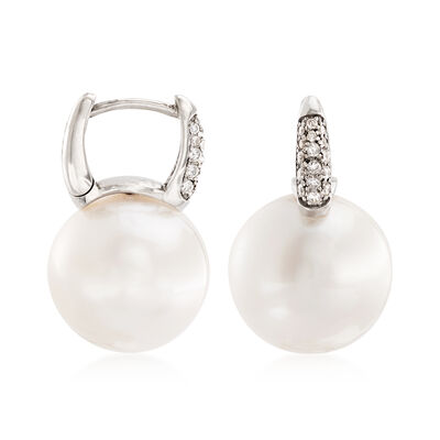 12-13mm Cultured South Sea Pearl and .16 ct. t.w. Diamond Earrings in 18kt White Gold