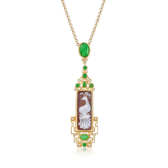 Italian Shell Cameo, 3.30 ct. t.w. Green Quartz and .25 ct. t.w. White Topaz Peacock Pendant Necklace in 18kt Gold Over Sterling