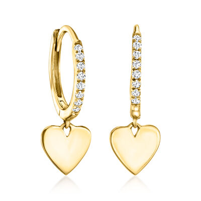 14kt Yellow Gold Heart Hoop Drop Earrings with Diamond Accents