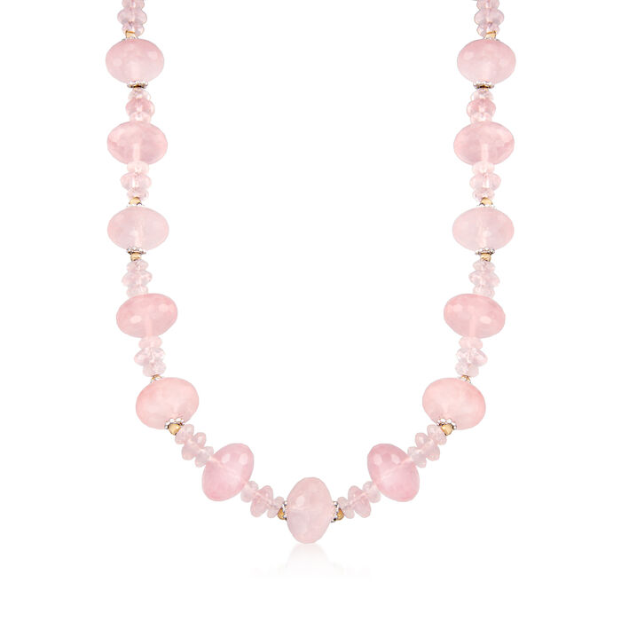 Rose Quartz Bead Necklace with Sterling Silver and 14kt Yellow Gold