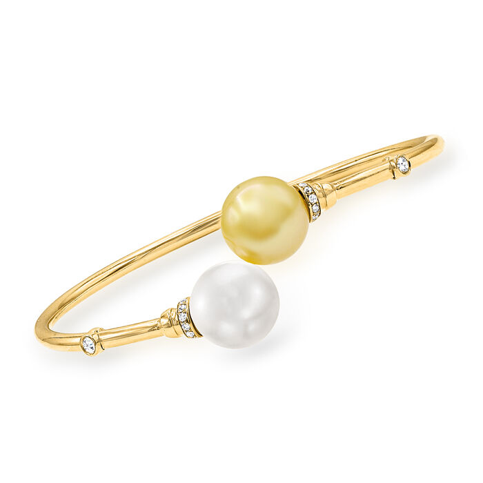 11-12mm White and Golden Cultured South Sea Pearl Bypass Bangle Bracelet with .21 ct. t.w. Diamonds in 18kt Yellow Gold