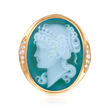 C. 1980 Vintage Green Agate and .30 ct. t.w. Diamond Cameo Pin/Pendant in 18kt Yellow Gold