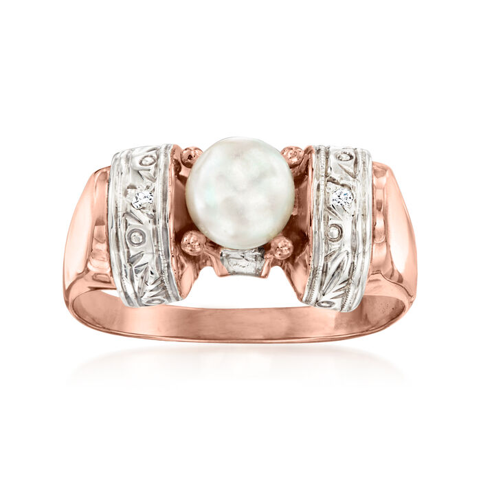C. 1940 Vintage 5.5mm Cultured Pearl Ring with Diamond Accents in Sterling Silver and 18kt Rose Gold
