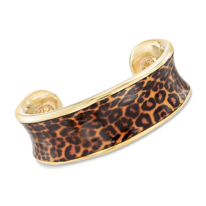 Italian Leopard Print Enamel Cuff Bracelet in 18kt Gold Over Sterling